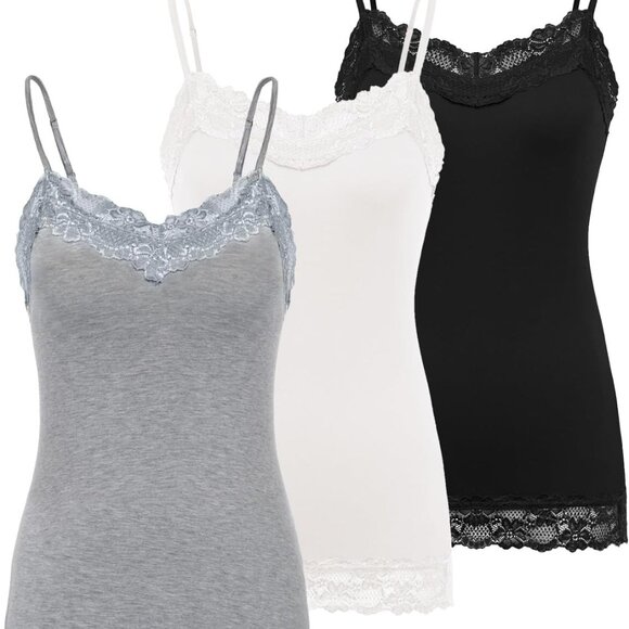 Women's Adjustable Spaghetti Strap Lace Trim Cami Tunic Tank Top 3PACK - Picture 1 of 5